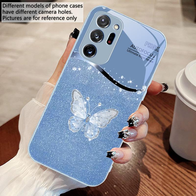 Gradient Diamond Butterfly For Samsung Galaxy Note 8 9 10 PRO 20 Ultra A01 02 03 Core 04E 4G 12 13 5G Tempering Glass Phone Case