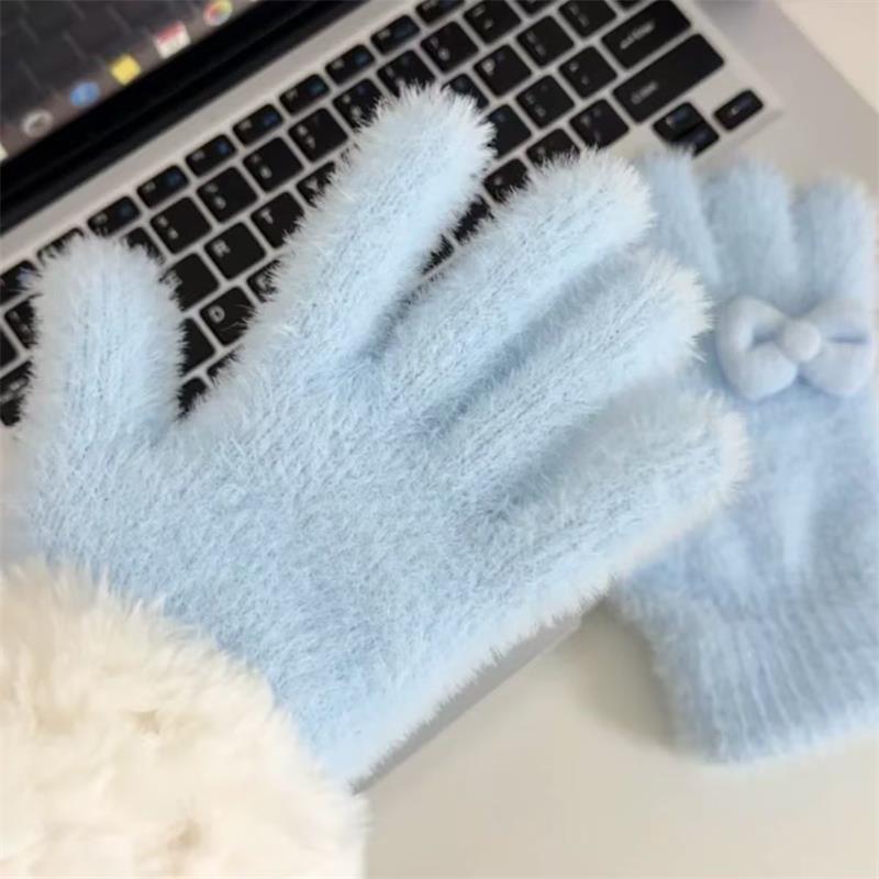 Cute Sweet Bow Plush Gloves Cold-Proof Gloves Student Winter Warm Five-Finger Gloves Women Fashion Accessories Christmas Gifts