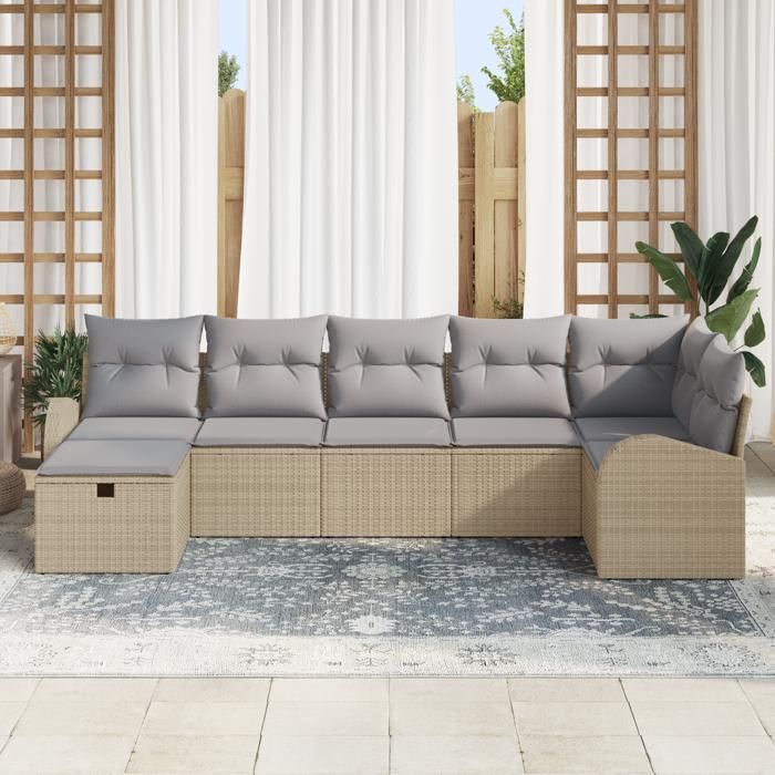 VidaXL Ensemble de Canapé de Jardin 7 Pièces avec Coussins Beige en Poly Rattan 3359099