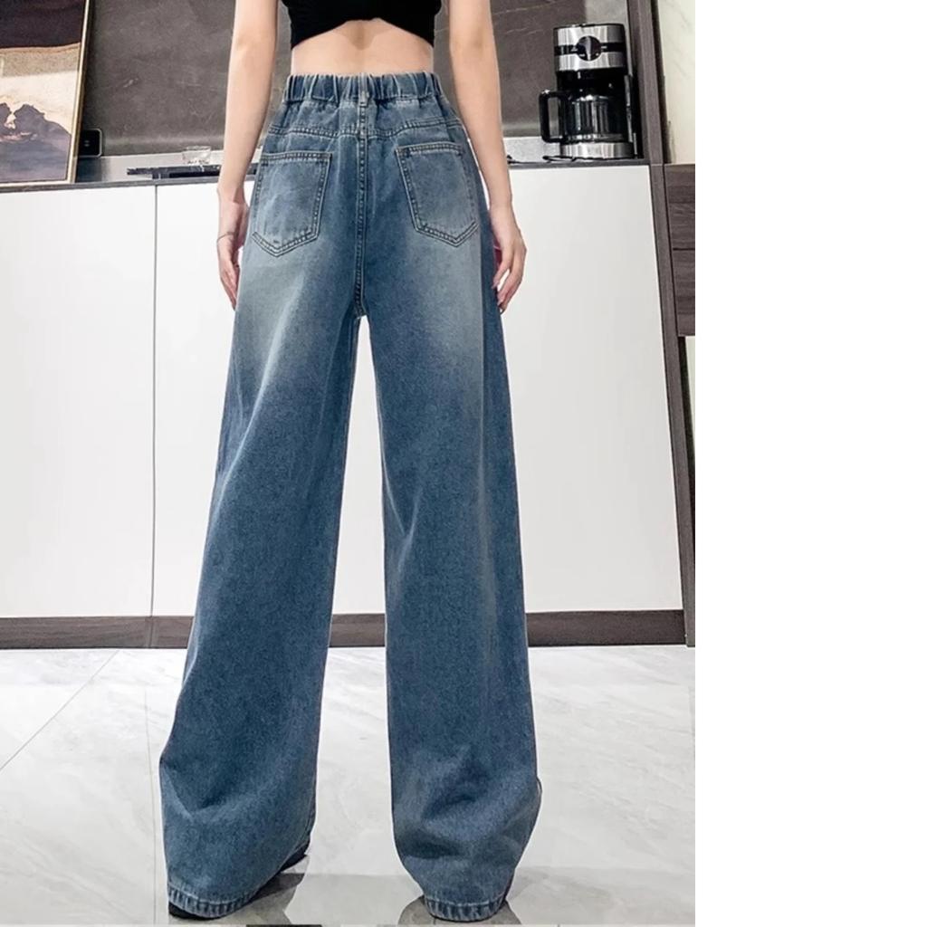 High Waist Wide Leg Jeans Women's Light Blue High Waist Long Pants Loose Fit Drawstring Elastic Waist Plus Size Slimming Jeans