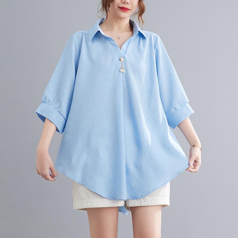 2026 Stylish Cotton Linen V-Neck Casual Plus Size Shirt with Belly Coverage and Wide Hem