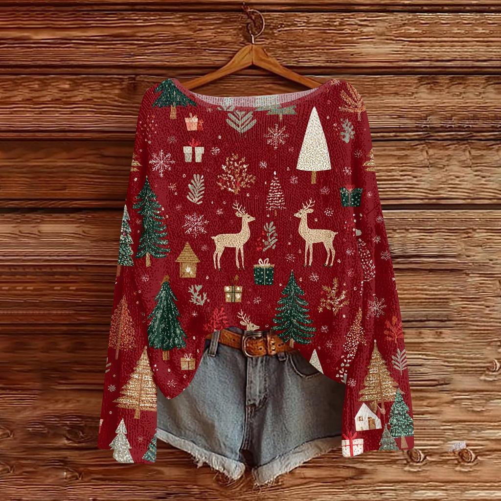 Women's Round Neck Lightweight Sweater Casual Long Sleeve Christmas Print Knit Pullover.