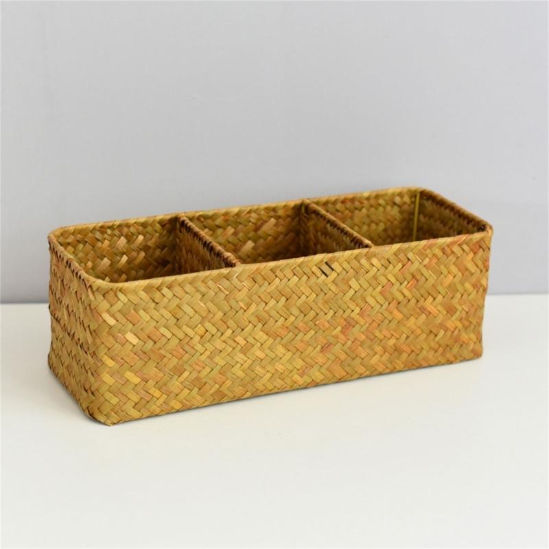 Storage Basket Sea Grass Stationery and Makeup Box Desktop Organizer Box with Compartments for Office and Home Use