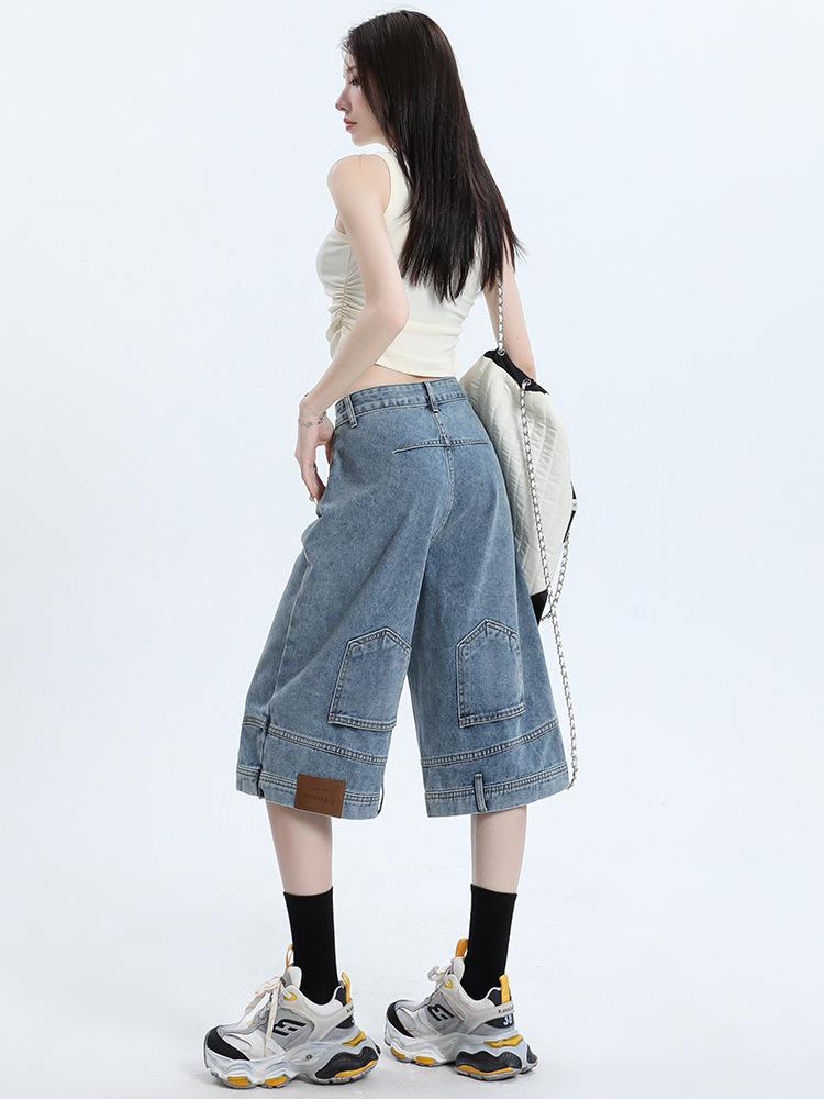 Inverted Hem Wide-Leg Six-Point Jeans - Trendy, Loose, Cool Mid-Length Pants