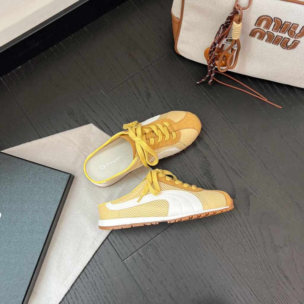 Retro inner height-increasing mesh bag head half slippers women's one-pedal lace-up board shoes
