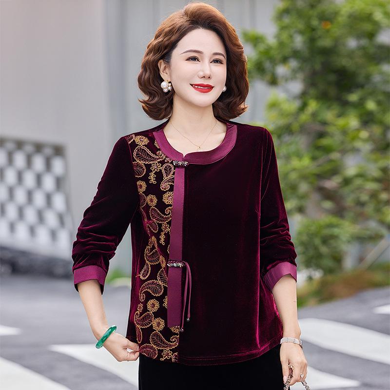 

Elegant Gold Velvet Long-Sleeve Top for Middle-Aged and Elderly Women - Spring/Autumn 2026 Collection XL (90-105 lbs) вино красного