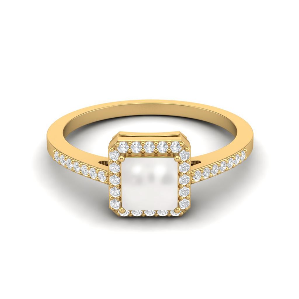 6 MM Square Shape Pearl Halo Accent 925 Sterling Silver Gold Vemreil Women Wedding Engagement Ring