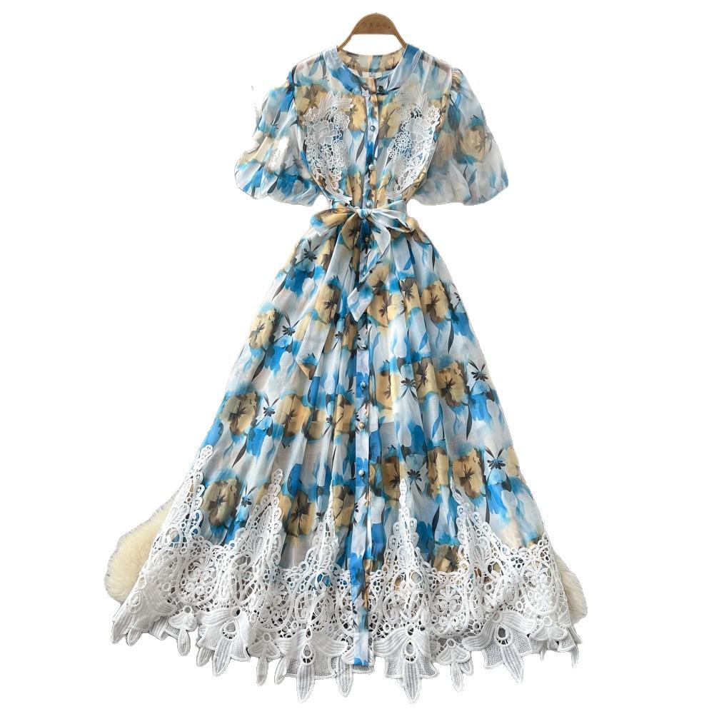 Printed sweet cute wind dress women's summer short-sleeved A-shaped skirt commuter lace stitching lace-up skirt