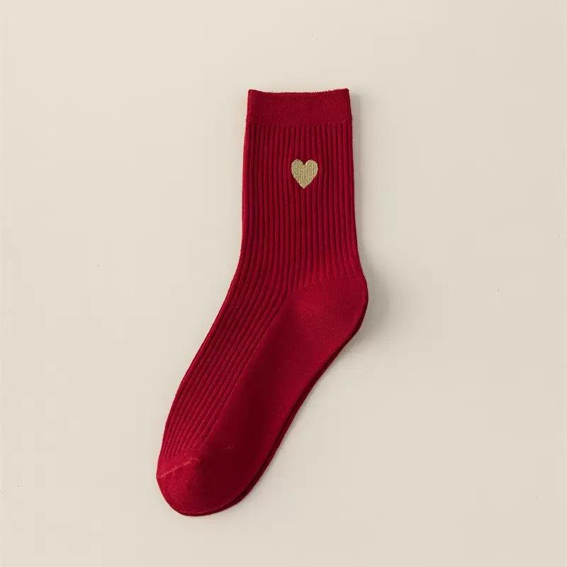Dark Red Sock Children's Style Winter and Autumn Double Embroidery Wedding and New Year Mid-length Socks