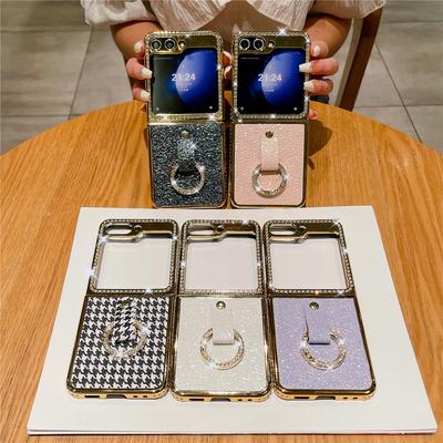 Funda de Cuero con Anillo Chapado para Teléfono Samsung Galaxy Z Flip 7 6 Flip 5 Zflip 4 3 Cubierta a Prueba de Golpes con Diamantes Brillantes