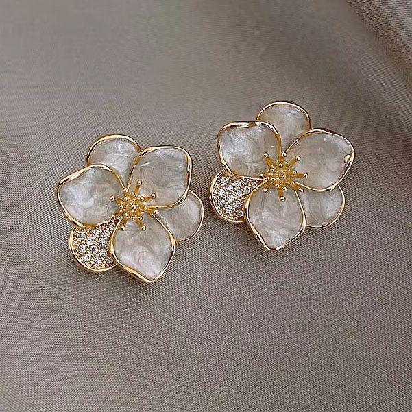 Zircon Glaze Flower Stud Earrings for Women Girl French Ins Vintage Fashion Korean Wedding Romantic Jewelry Gifts