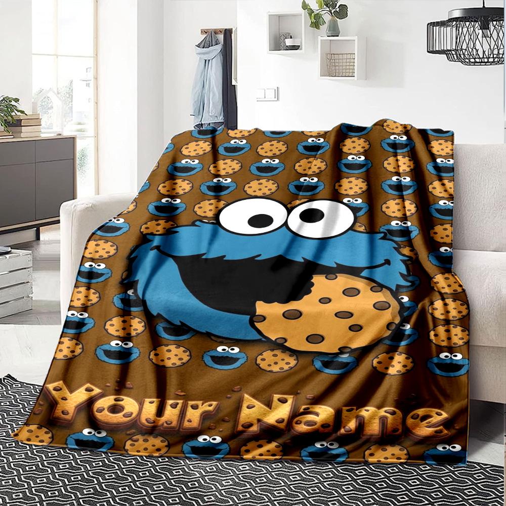 Name Custom Cookie Monster Cartoon Print Flannel Blanket High Quality Warm Comfortable Cover for All Seasons Perfect for Gifts Home Decor