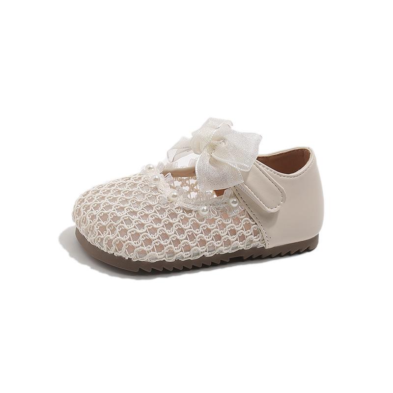 Sheer bow girls' princess shoes, lightweight and comfortable woven hollow-out small leather shoes, spring-summer casual single shoes