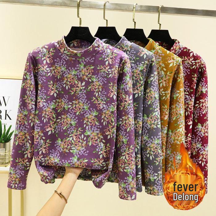 

Women s Plus Size Printed Half-High Collar Slim Fit Maternity Long Sleeve Warm Top for Autumn and Winter L фиолетовый