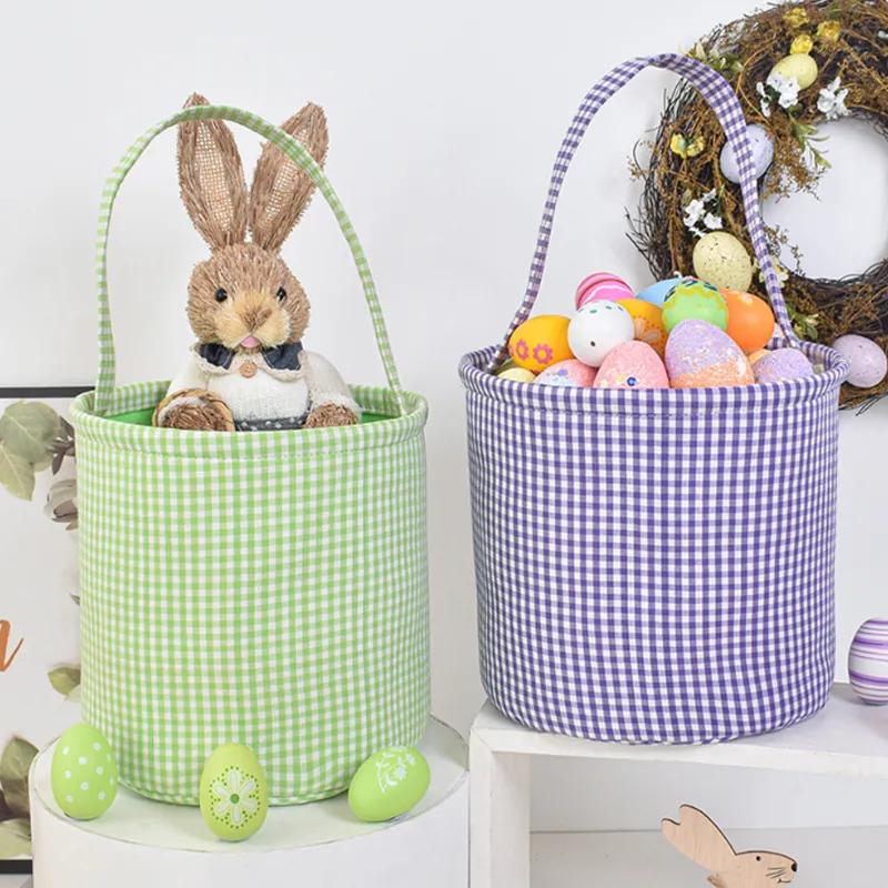 New Checkered Easter Handheld Basket With 4 Colors Egg Decorations Rabbit Storage Basket Handheld Bucket Holiday Gift Storage Supplies Ya465