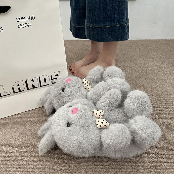 Mengmeng bunny girl fluffy single shoes autumn and winter cute cartoon design feeling bow warm big cotton shoes
