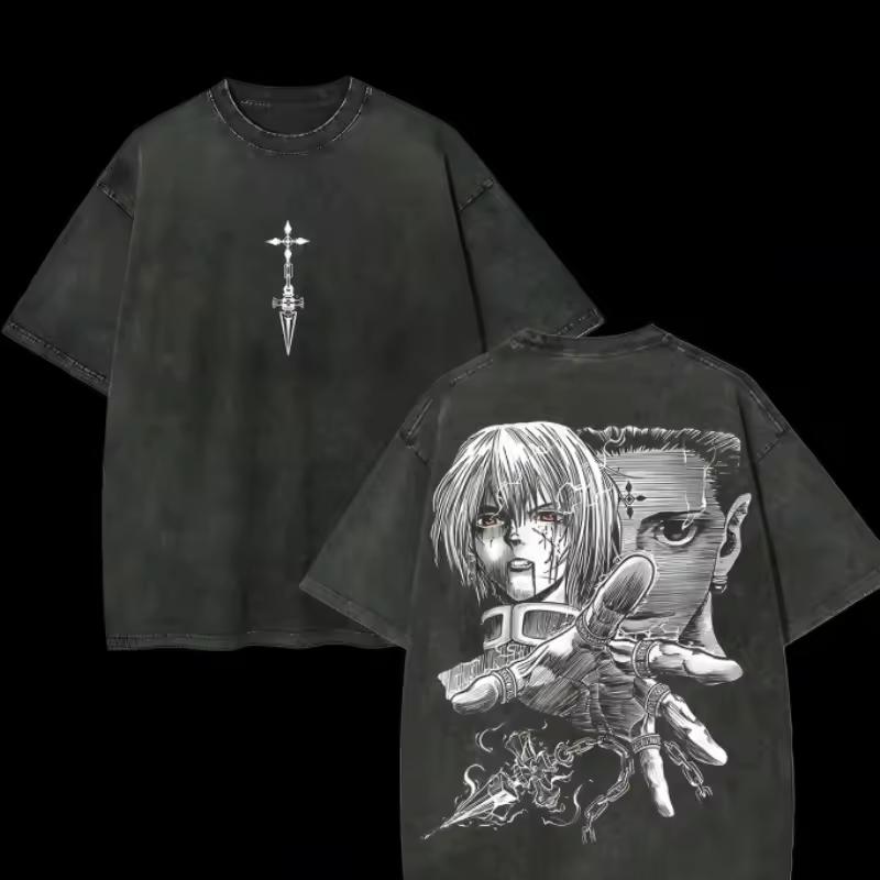 Full Time Hunter Anime Print Suitable for Both Men and Women, Vintage Vintage Cotton Washed T shirt, Harajuku Men's Top