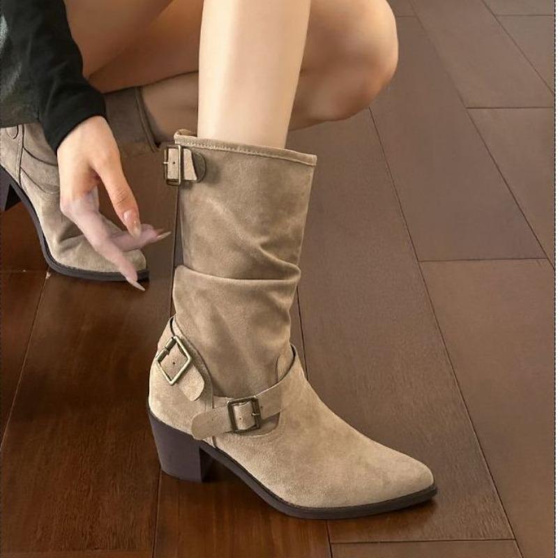 Boots Short Boots Women's Summer Thin Medium Knight Boots Suede Frosted High Heel Western Cowboy Boots