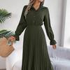 Spring Summer Women Long Sleeve Solid Pleated High Waist A Line V-Neck Long Dress