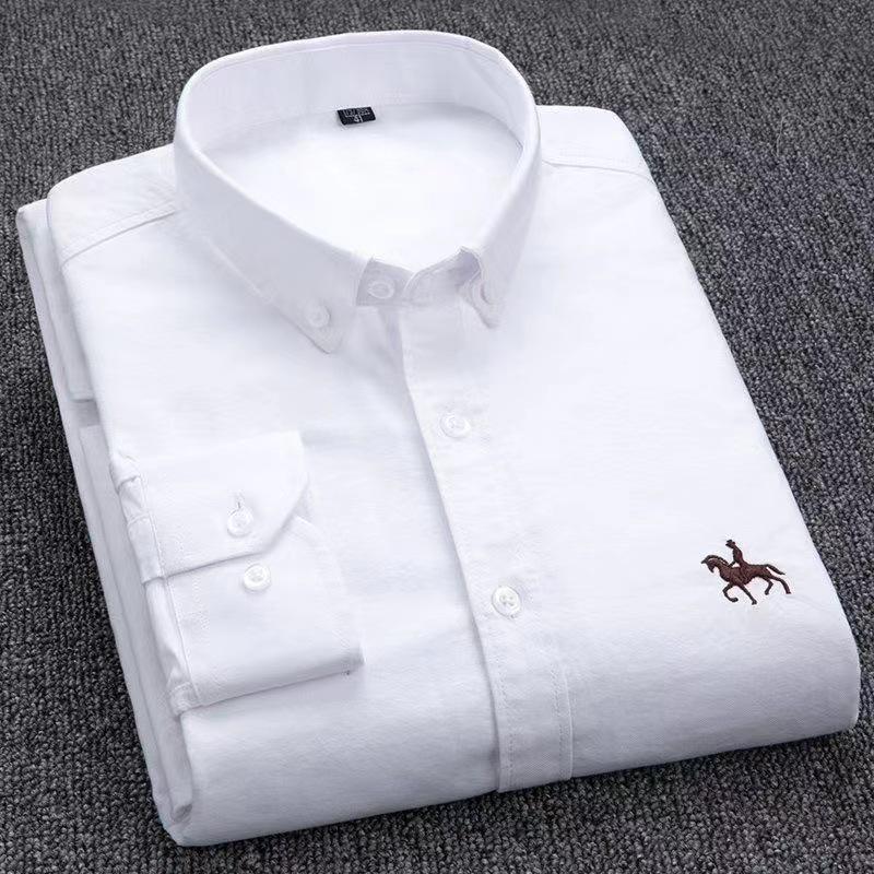 Men's Pure Cotton Embroidered Oxford Shirt - Long Sleeve, Solid Color, Spring/Autumn Business Casual
