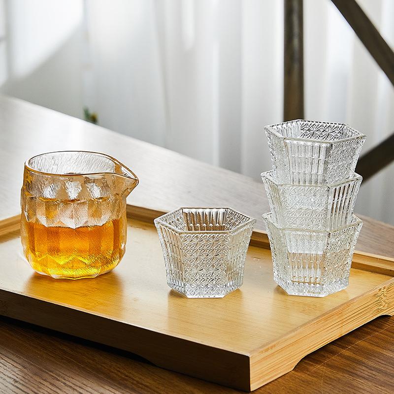 1 Piece 75ml Heat Resistant Tea Cup Elegant Engraving Hexagonal Crystal Bright Shot Glass Small Capacity Sake Soju Glass Cup
