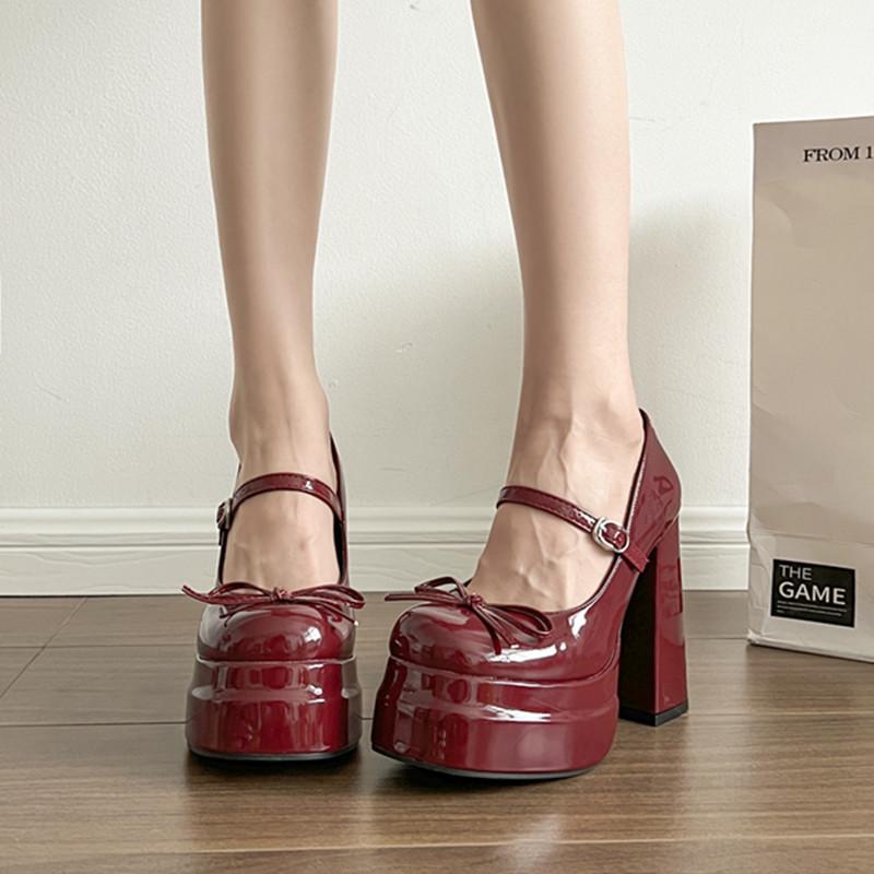 Super high heel Mary Jane shoes women's thick heel one-word buckle waterproof table single shoes small leather shoes nude high heels