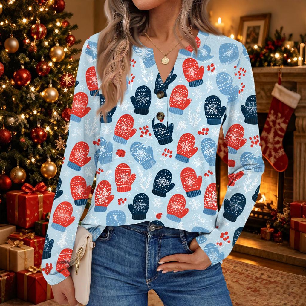 Women's Christmas Print Long Sleeve Shirt Elegant Casual Holiday Top