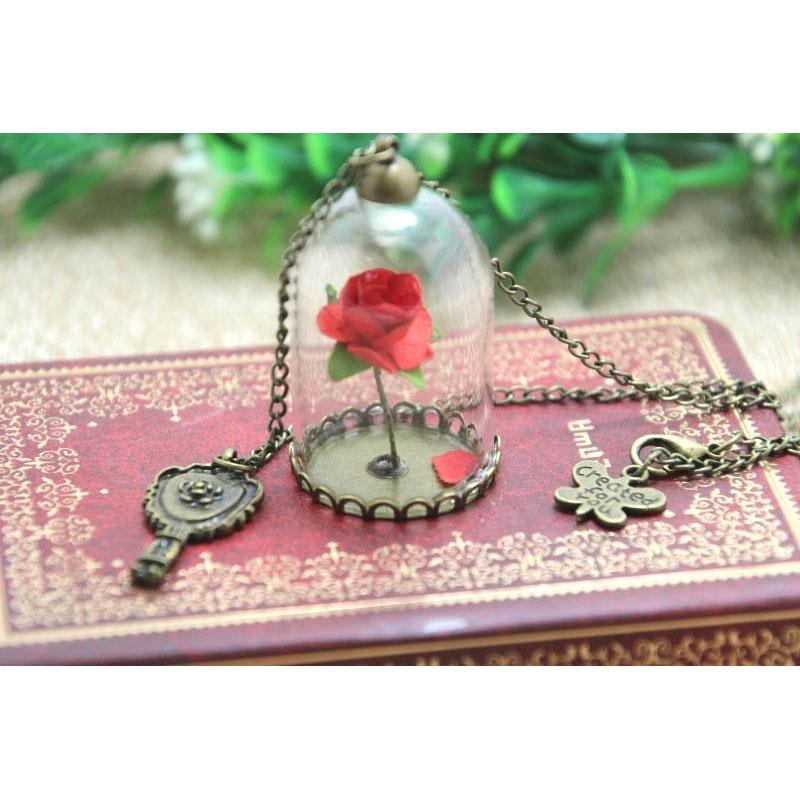 Enchanted Inspired Rose In a Glass Bottle Copper Plated Necklace Dome Bronze Mirror Charm