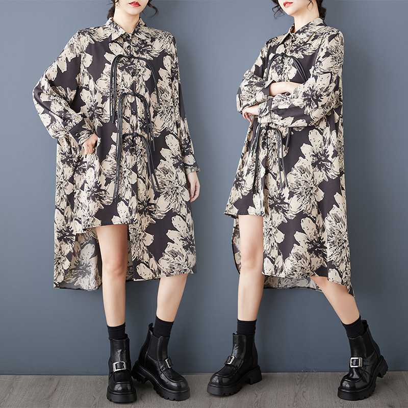 

Spring and Autumn Mid-length Button-down Shirt Dresses one size