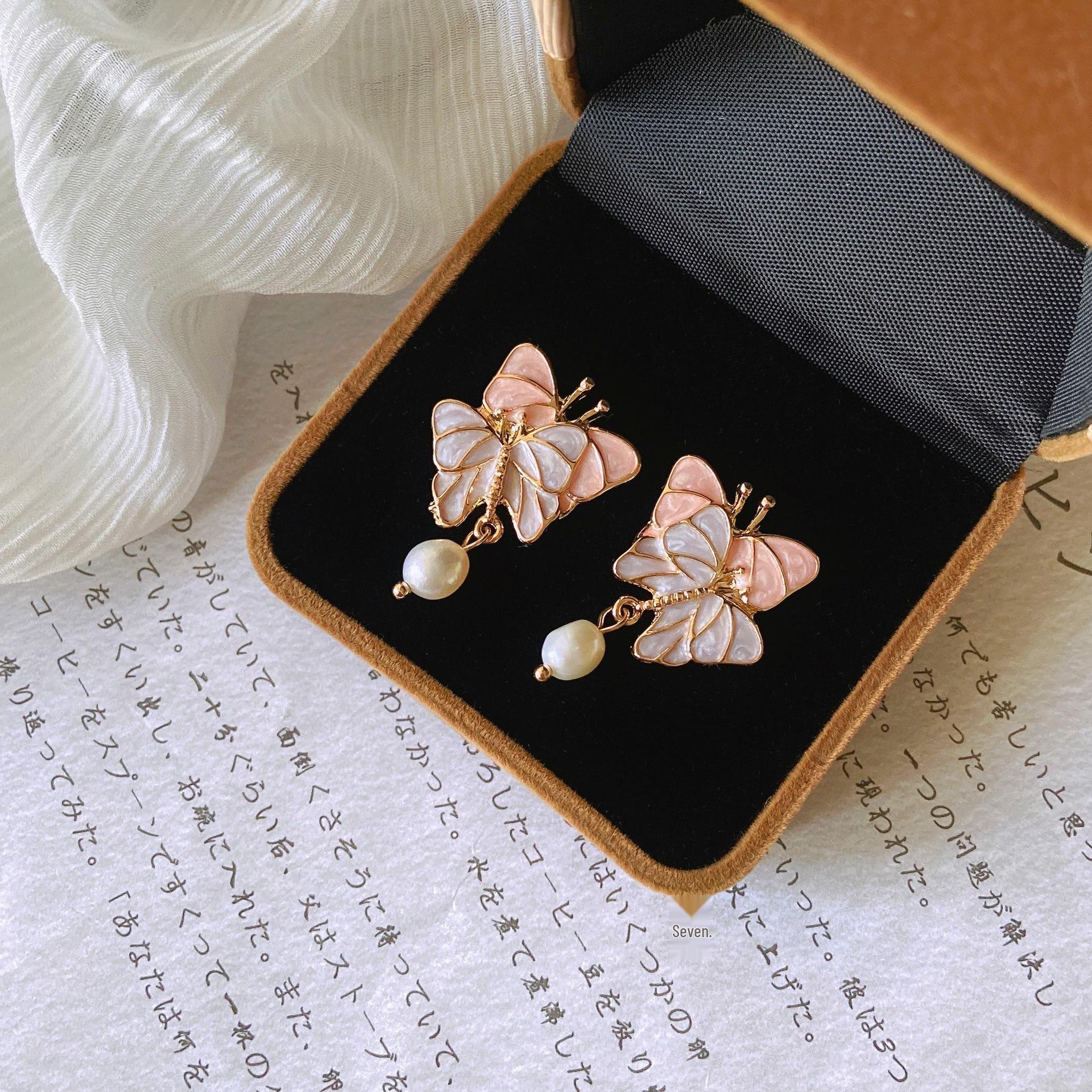 Trendy S925 Silver Butterfly Earrings with Faux Pearls - Retro Hong Kong Style
