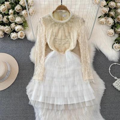 Moda Eleganckie Luksusowe Perły Frezowanie Ciasto Mini Sukienka Damska Z Długim Rękawem Cekinowa Koronka Szyta Siatka Warstwa Party Sukienki
