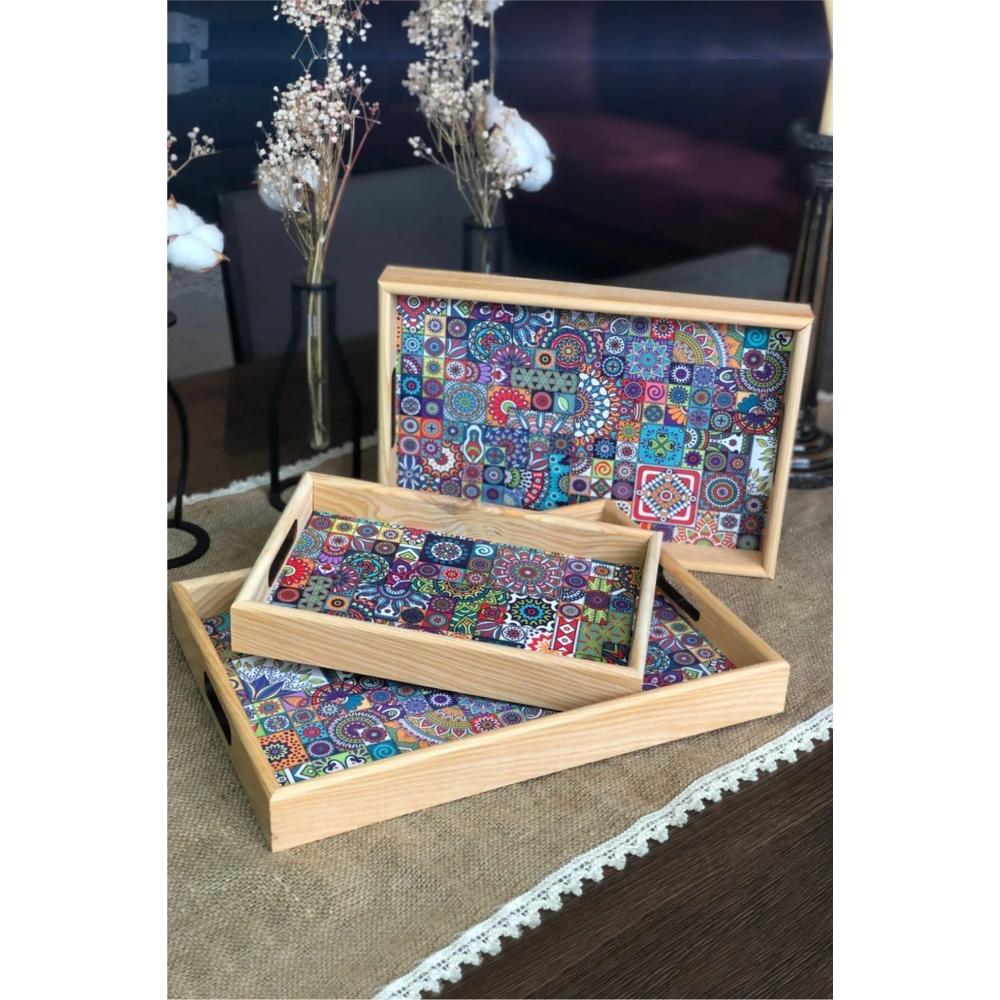 

Wooden 3 Size Tile Patterned Service Presentation Tray Tea Coffee Serving