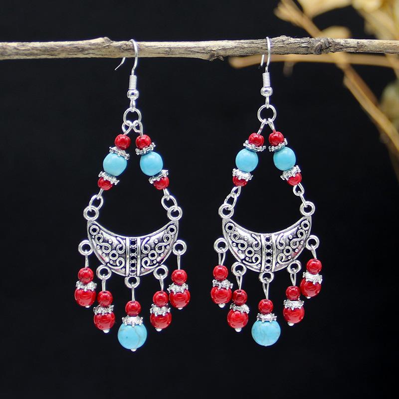 Bohemian fringed turquoise earrings retro ethnic style earrings personality temperament ear jewelry