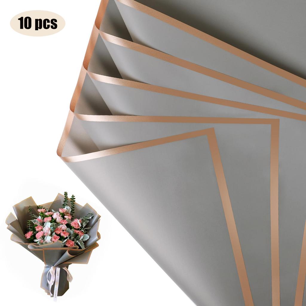 10 Sheets Flower Wrapping Paper with Golden Edges, Waterproof Bouquet Packaging - Ideal for DIY Weddings & Birthdays 2035