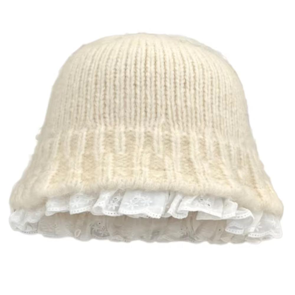 Lace Flower Ruffle Winter Bucket Hat Solid Color Basin Cap Sweet Ear Protection Hats  Outdoor Girl