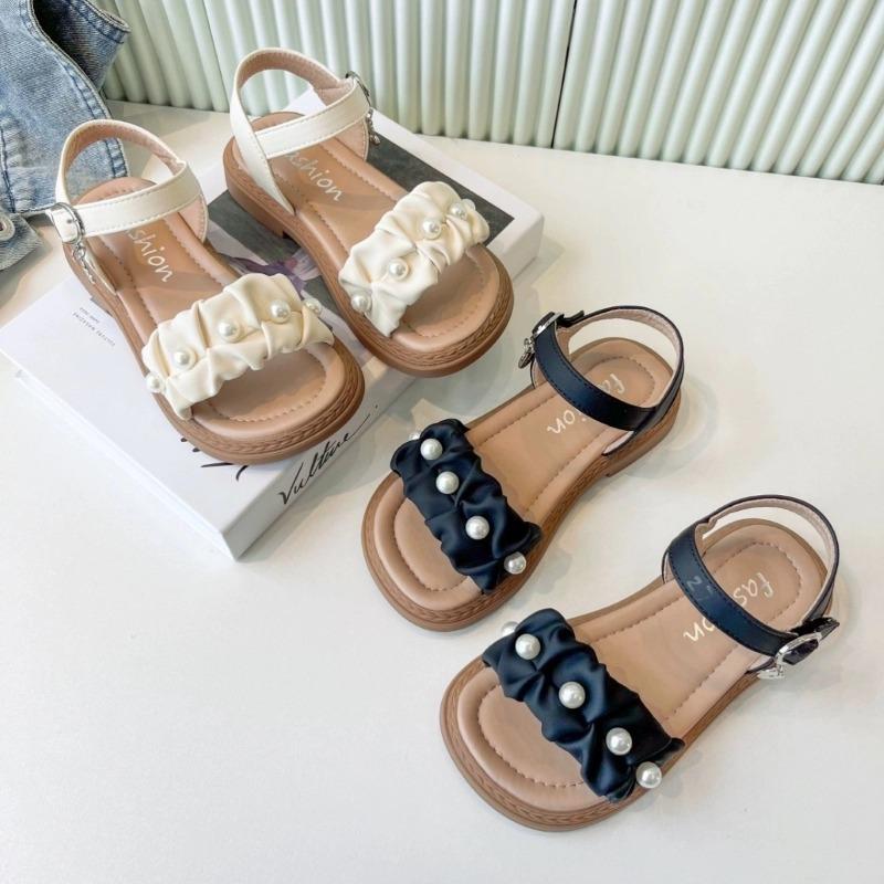 Dívčí plisované sandály s perlami otevřené špičky dětské princeznovské boty Mary Janes na párty svatbu dětské letní plážové boty jednoduché