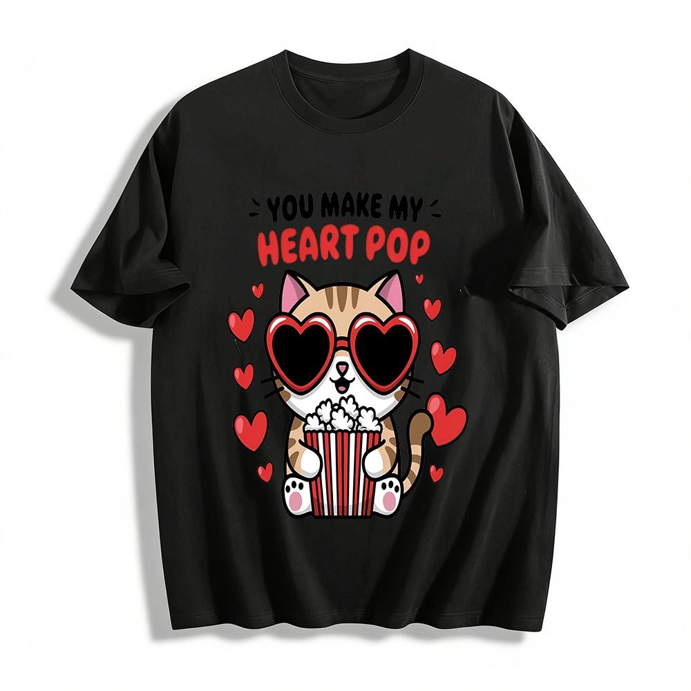

You Make My Heart Pop Cat Popcorn Graphic Casual Top Pure cotton T-shirt XXS