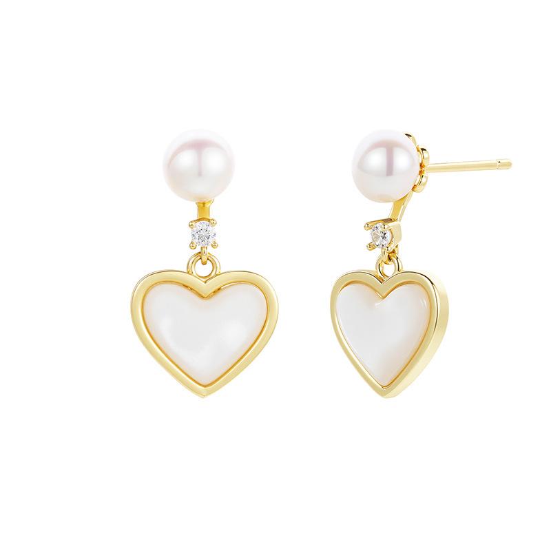 S925 Women's Elegant Heart & Pearl Stud Earrings with Cat's Eye Stone