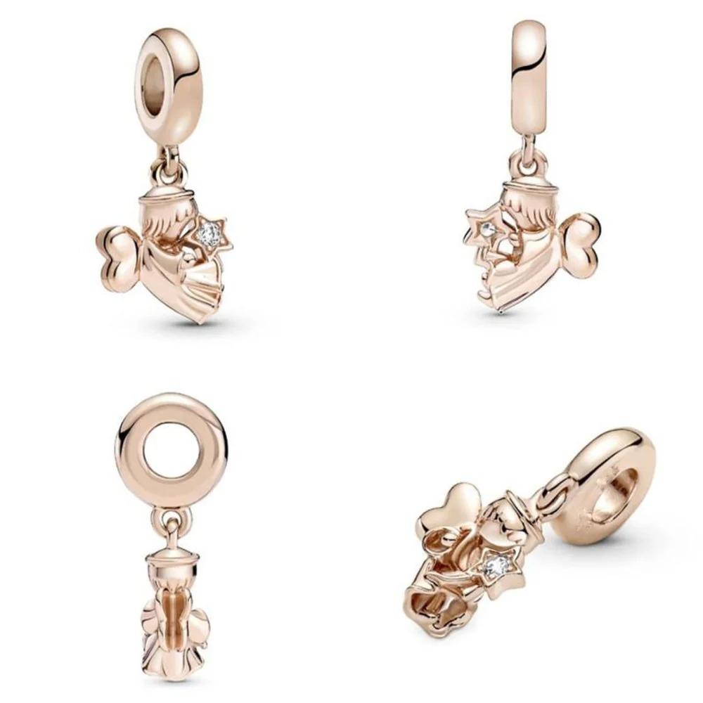 925 Rose Gold Anchor Angel Leaf Charm Bead Chain For DIY Bracelet Jewelry Ladies Accessories