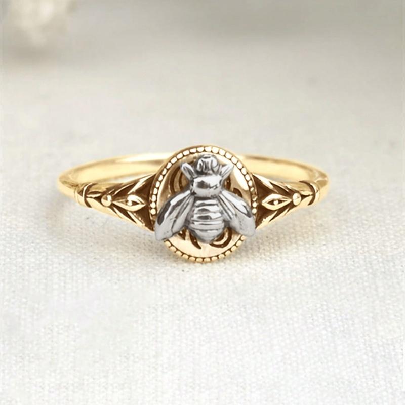 1 Piece Vintage Insect Bee Boho Metallic Gold Color Aged Ring Two Color Ring Size 6-10