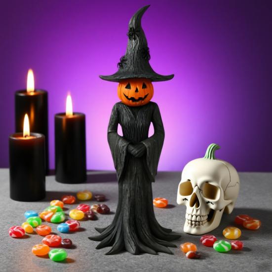 Halloween Witch Statue Gothic Resin Enchanting Witch Figurine with Pumpkin Head Desktop Ornament for Indoor Home Shelf Table Decor