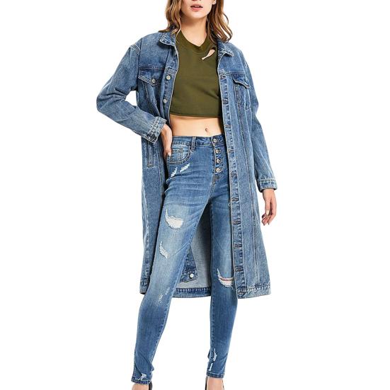 

Жіноча куртка в стилі ретро приталеного випраного деніму з відкладним коміром середньої довжини на ґудзиках XXXL