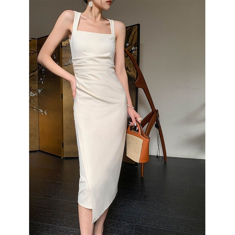

French temperament socialite royal sister high-end satin long dress slim-fitting hip-wrapped square neck suspender dress summer new S слоновая кость