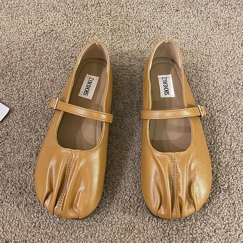 Spring New Flat Shoes for Women Round Head Shallow Mouth Fold Metal Buckle Line with Soft Sole Non-slip Single Shoes