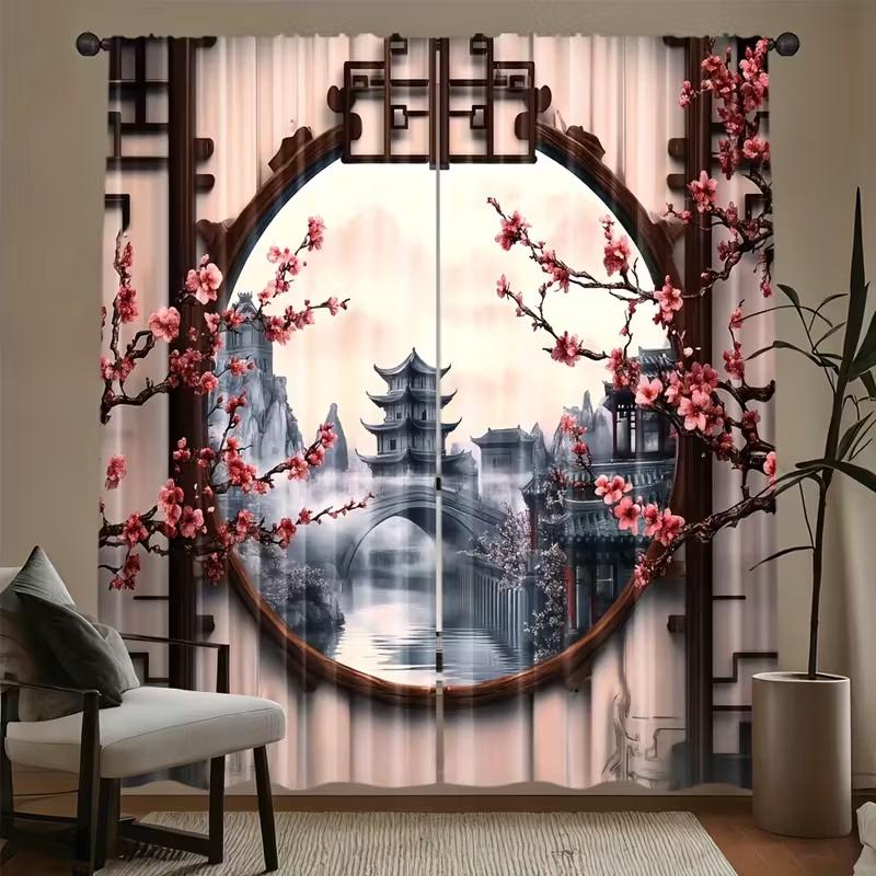 2 Pcs Chinese-style architecture print curtains,suitable for bedroom,living room kitchen decoration,home decoration,window decor