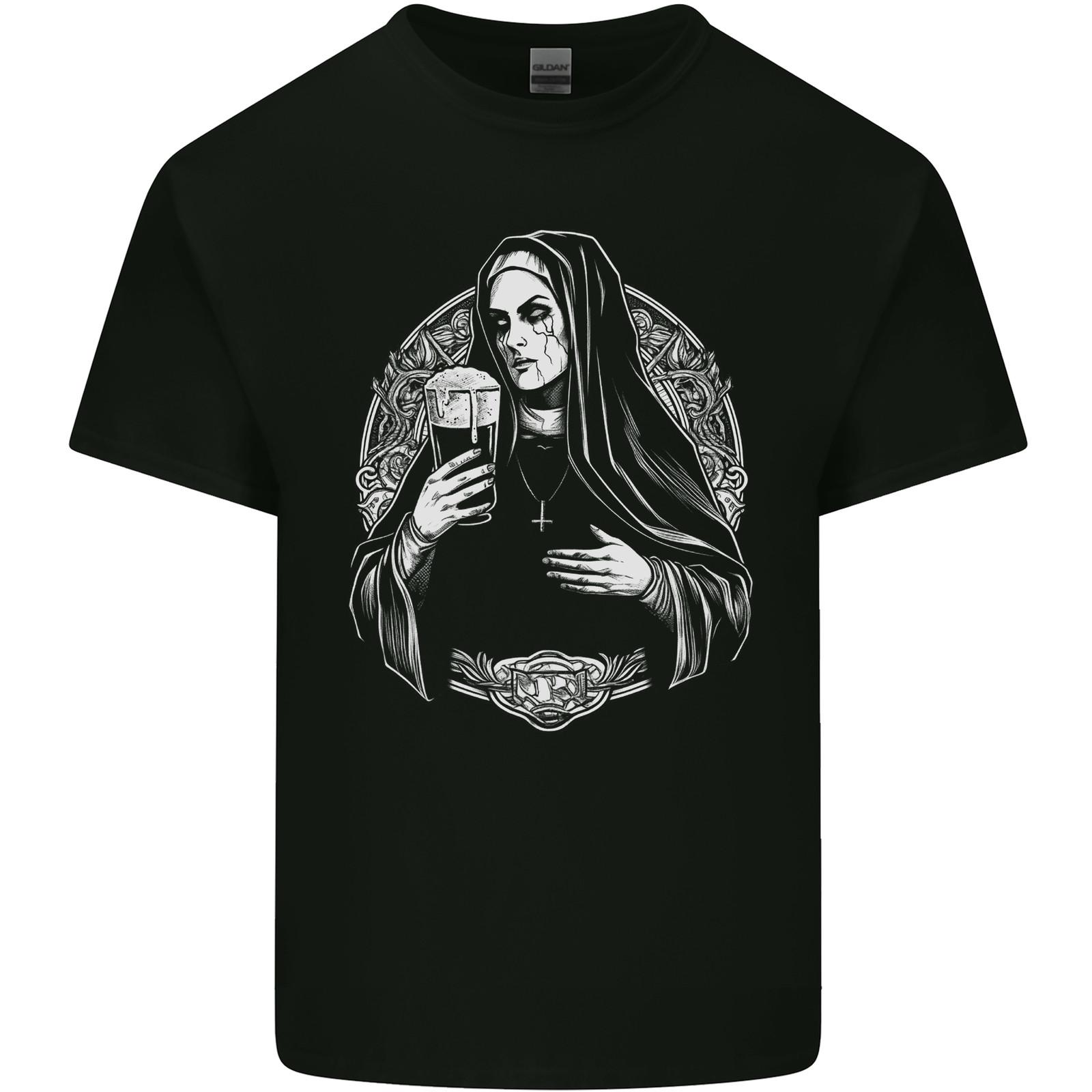Evil Nun Drinking Beer Horror Halloween Mens Cotton T-Shirt Tee Top S
