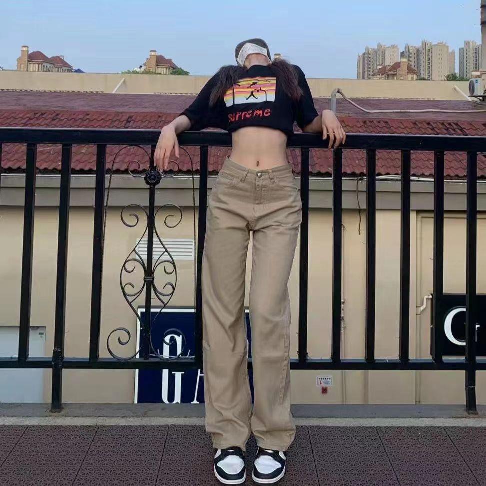 Women s Khaki High Waist Wide Leg Jeans - Autumn/Winter Retro European & American Street Style 3XL