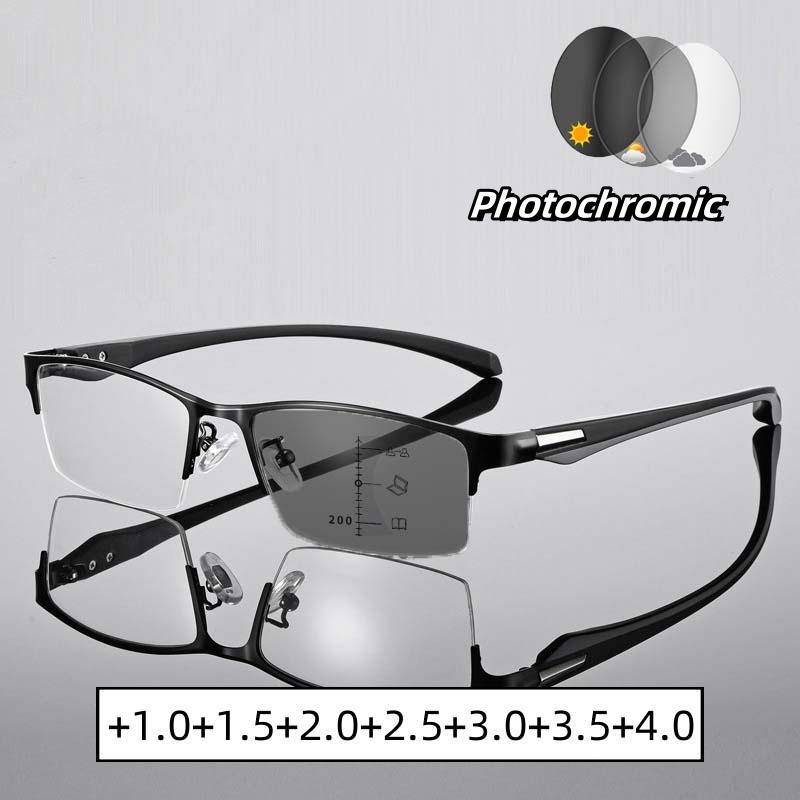 Men'S Progressive Multifocal Glasses Half Frame Business Color Changing Presbyopia Eyeglasses Ultra Light Single Focal Glasses