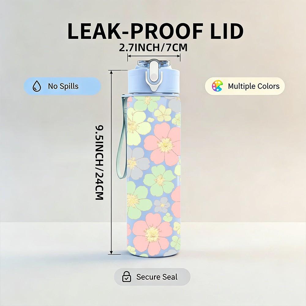 1PC Soft Pastel Floral Seamless Print 750ml Color Plastic Sports Water Bottle Leakproof Flip Straw Lid Suitable for Sports Office Home Use