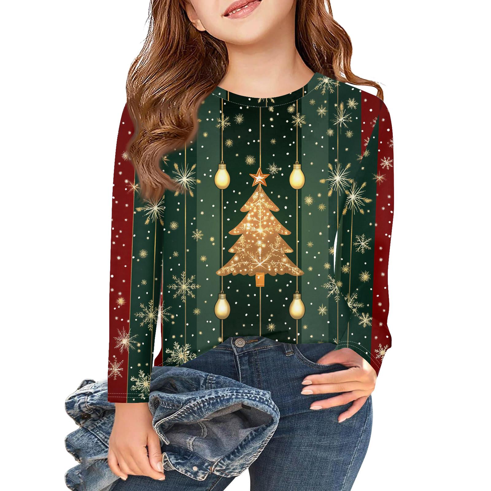 

Рождественские футболки с длинным рукавом для девочек, детские осенние топы с круглым вырезом и принтом, базовые футболки 110